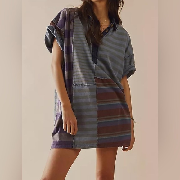 Free people Y2K Striped Shirt Mini Dress Oversized Stripe SIZE S preowned - Picture 1 of 7